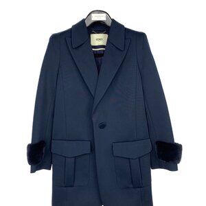 Fendi Navy Blue Polyester Black Fur Collar Suit Jacket Size 40 Unisex